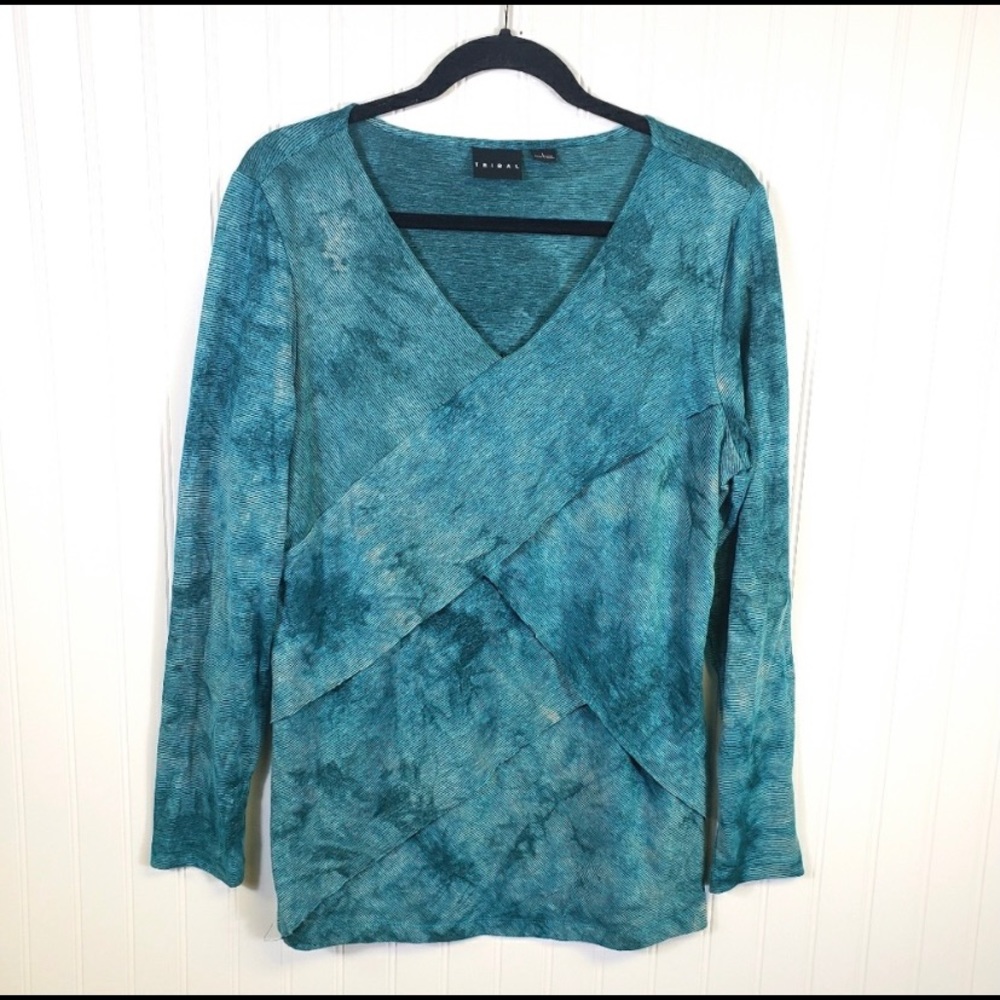 Tribal turquoise ruffle front top
